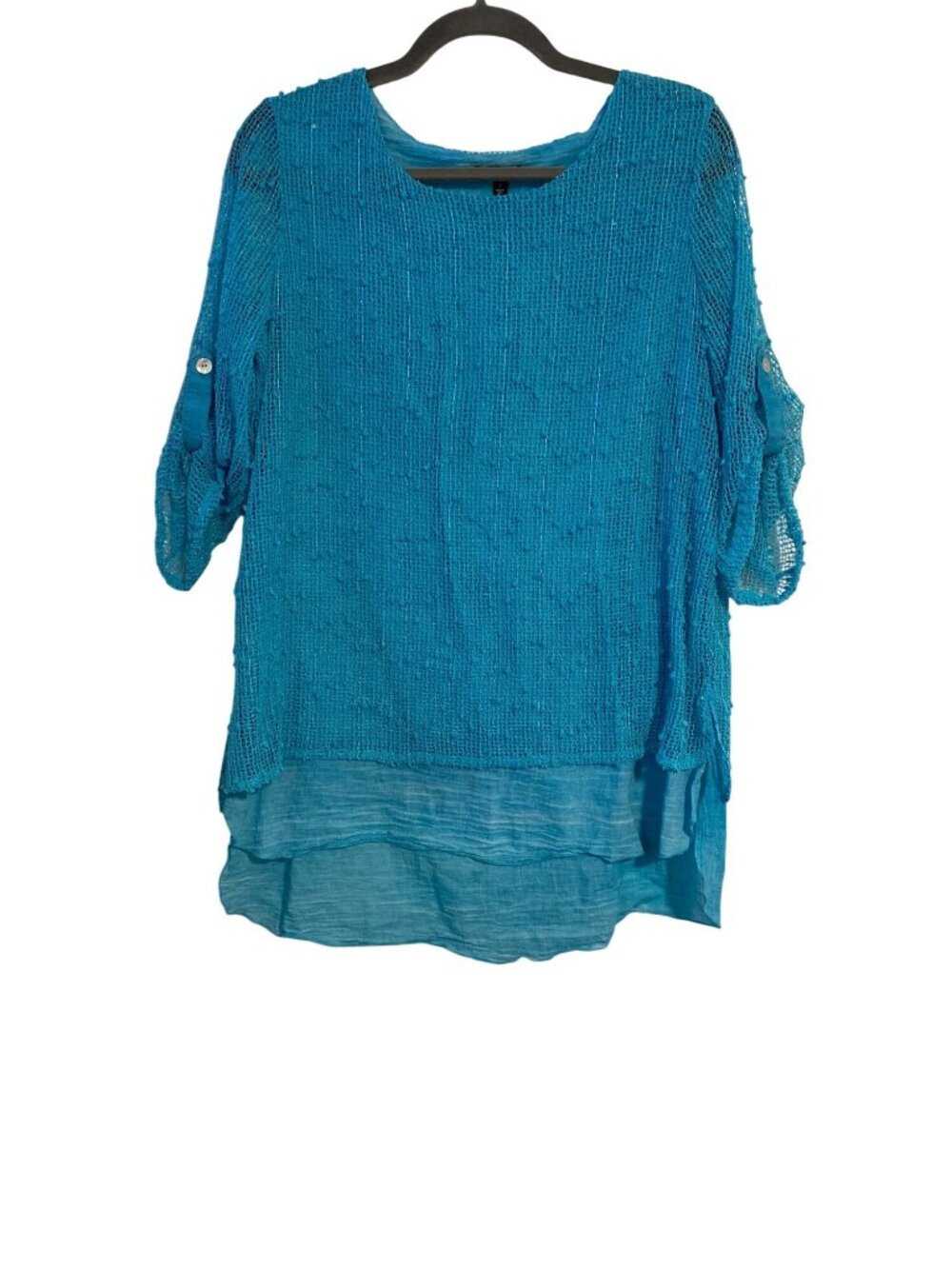 Hannah Women's S Blue Tunic Top Textured Sheer Layered Hem 3/4 Sleeves Bohemian